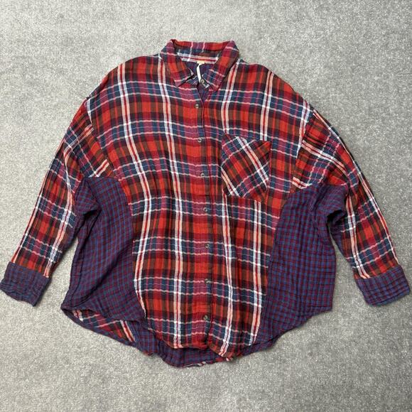 Free People Tops - Free People Shirt Womens XS Red Blue Oversized Dolman Long Sleeve Patchwork